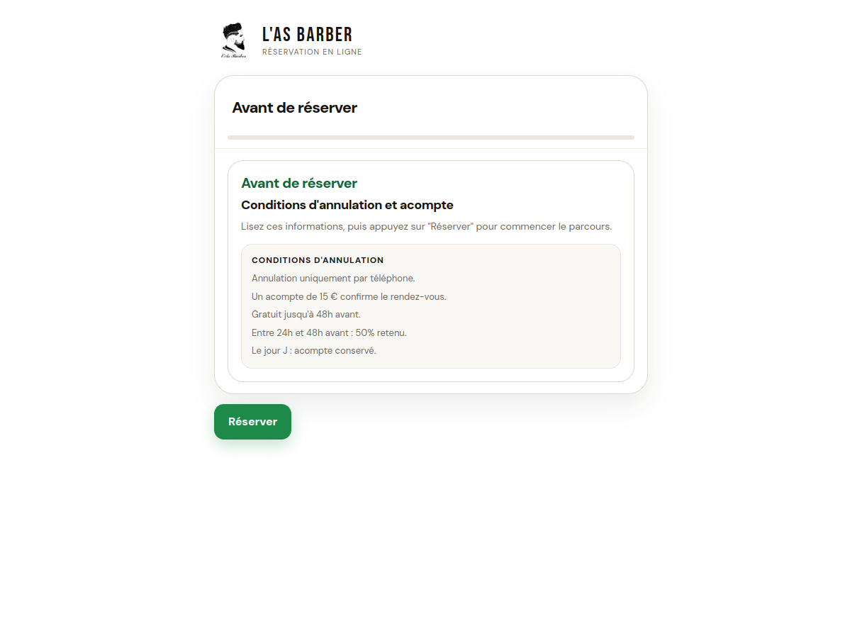 Capture desktop du site de réservation L'AS BARBER montrant l'écran avant réservation et les conditions d'annulation.