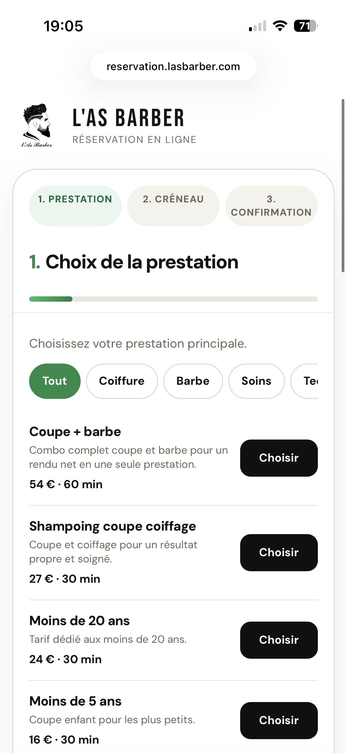 Capture mobile de l'écran avant réservation sur L'AS BARBER.