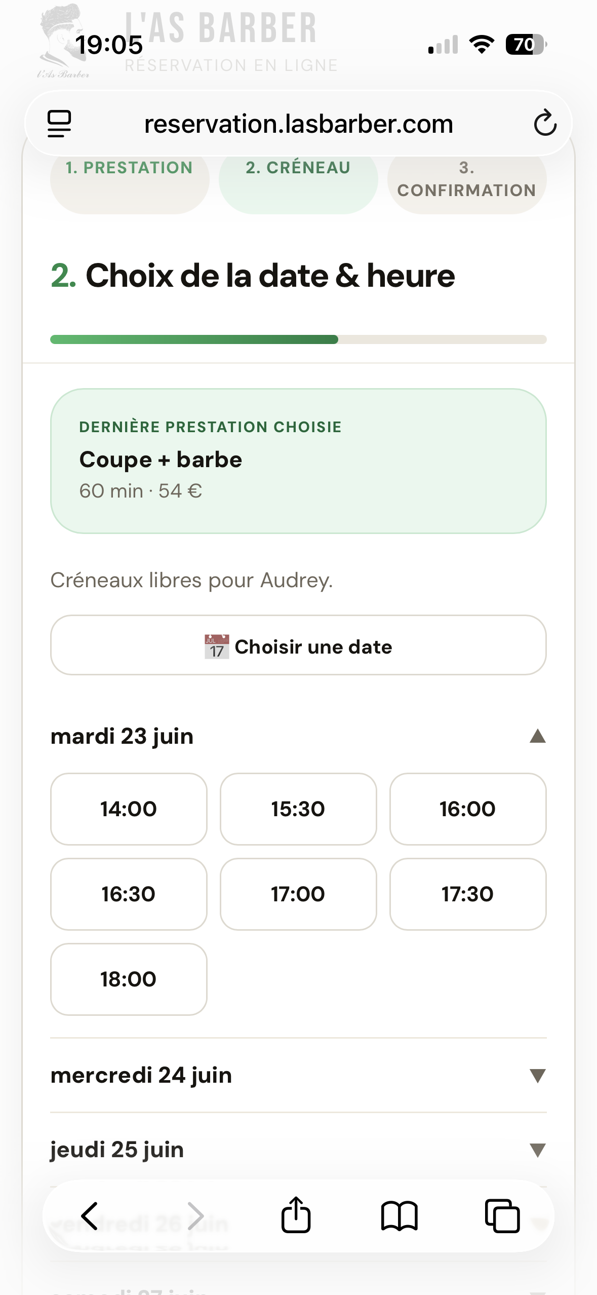Capture mobile de l'étape créneau sur L'AS BARBER.