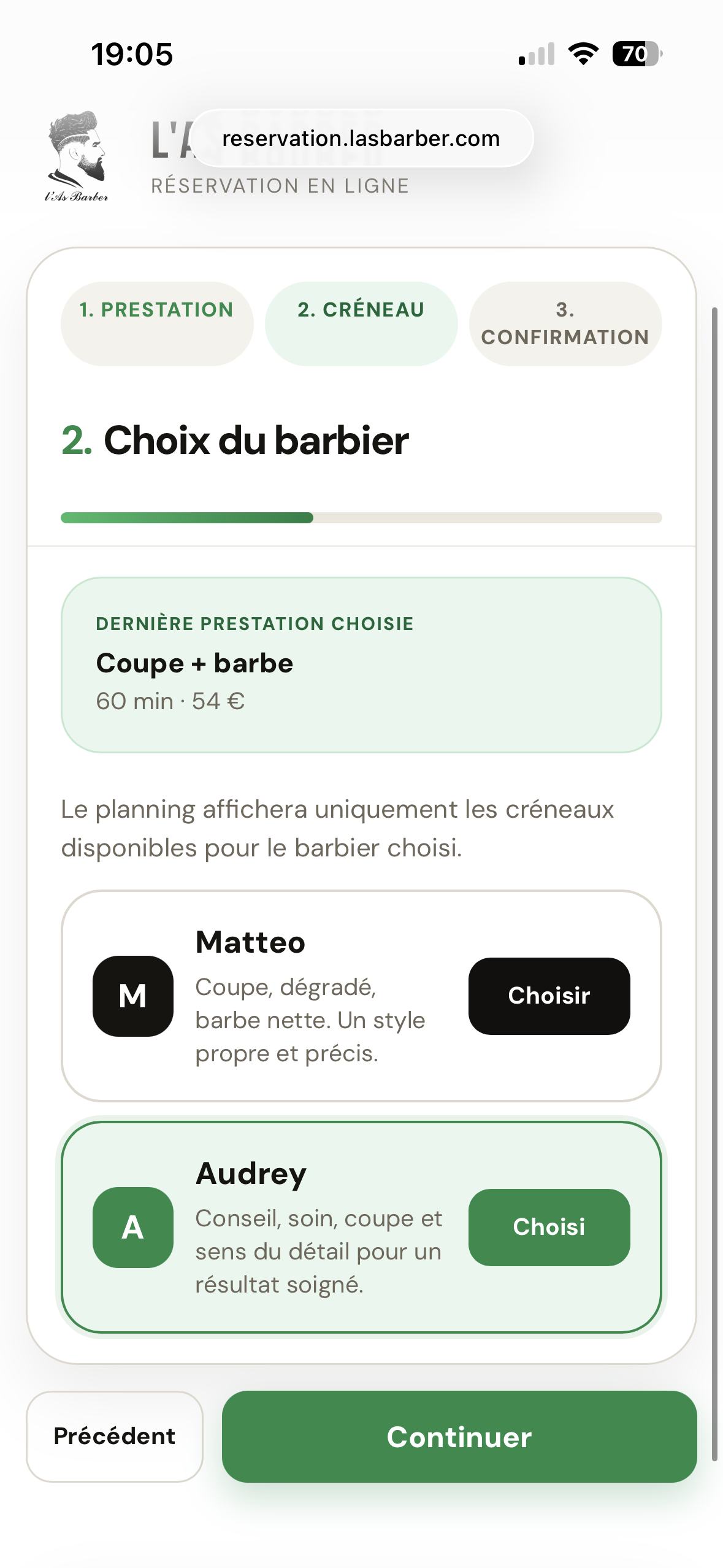 Capture mobile de l'étape barbier sur L'AS BARBER.